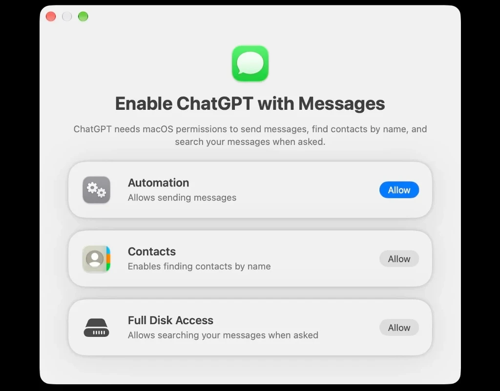 ChatGPT навчився читати та надсилати повідомлення через Apple Messages на Mac